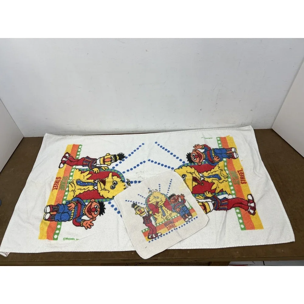 Vintage Cannon Sesame Street Big Bird Ernie Bert Bath Towel & Washcloth Set 100%